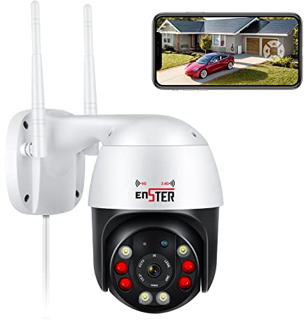 ENSTER 2K PTZ Caméra Surveillance Extérieure 2.4GHz/5GHz WiFi, 360° 4X Zoom Numérique IP Caméra Extérieure avec de Vision Nocturne en Couleur, Suivi Automatique, Audio Bidirectionnel, IP66 Étanche