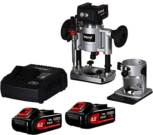 Trend T18S 18 V 8mm bürstenloses Tischsäge-Kit (2 x 4-Ah-Akku und Schnellladegerät), T18S/R14K2/E