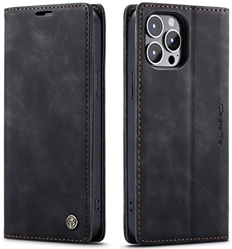 ZOETEC Wallet Case for iPhone 14 Pro PU Leather Flip Magnetic Case With Card Slots/TPU Shell, Anti-Slip & Shockproof (Black)