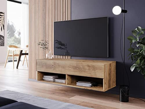 MINIO go for it - Armoire TV Lowboard Anne I 100x30x33 cm I avec Portes et Niches Ouvertes I Panneau de Particules Stratifié I Fonctionnel I Châtaignier Braslau - Éclairage LED