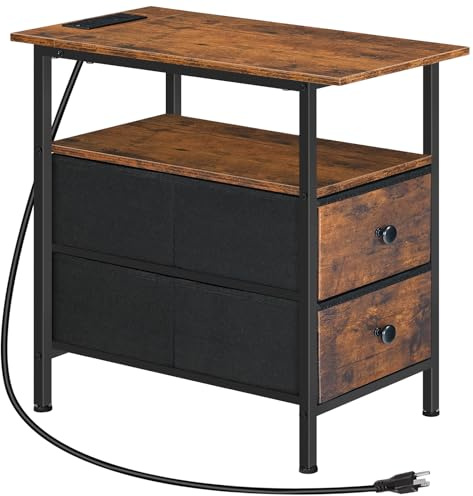 HOOBRO End Table with Charging Station, Narrow Side Table, Nightstand with 2 Non-Woven Drawers, Slim Sofa Side Table, for Small Spaces, Living Room, Bedroom, Rustic Brown and Black BF486UBZ01