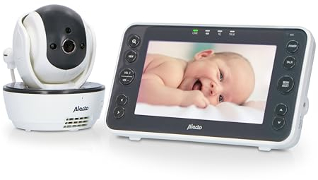 Alecto DVM200XL Funk Babyphone steuerbarer Kamera XL - 100% störungsfreie Babyfon - Indoor Baby Monitor mit Nachtsicht und hohe Reichweite von bis zu 300 Meter - 12,7 cm. Mehrkameradisplay - Weiß