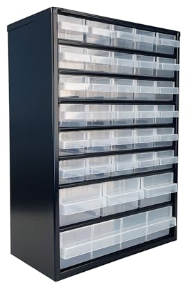 raaco Casiers à Tiroirs C9-34, Cadre en Acier, 34 Tiroirs en Plastique, Charge 26 kg, 15 x 30,6 x 42 cm, Montable au Mur, pour Rangement Garage & Atelier, Rangement Visserie Atelier