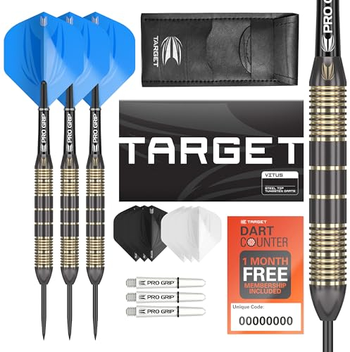 Target Darts Vitus 22G Brass Steel Tip Darts Set - 6 Pro Grip Shafts - 9 Pro Ultra Flights - Dart Wallet Bundle