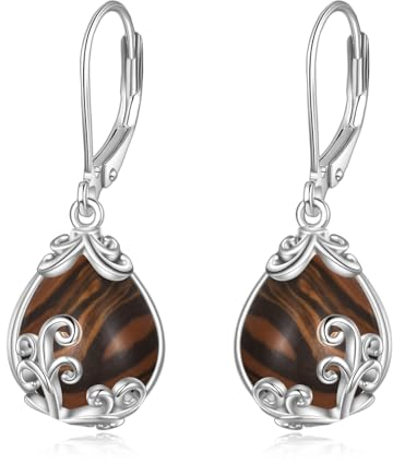POPLYKE Tigerauge Filigrane Tropfen Ohrringe Sterling Silber Kristall Ohrringe mit Kappe Schmuck für Frauen
