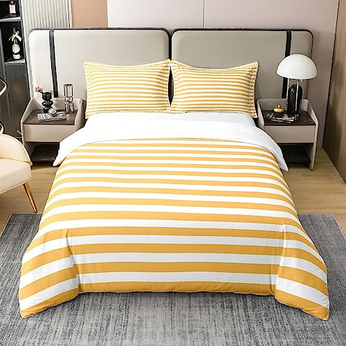 Homewish Gewaschene Baumwolle, gelb, weiß, Bettbezug, 140 x 200 cm, gestreift, horizontal, geometrische Linien, abstraktes modernes Bettwäsche, 1 Kissenbezug