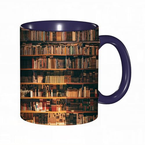 DHAEY Taza divertida de cerámica de 14 onzas,Vista de estantes con libros antiguos en la biblioteca Imprimir,apta para lavavajillas, regalos de computadora,regalos geek para hombres