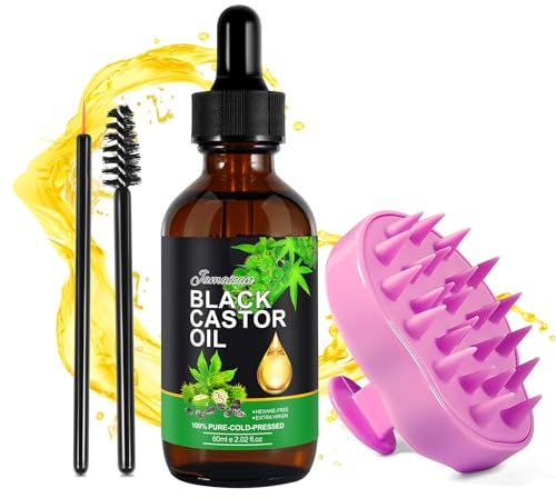 (Oil+Comb) Olio di Ricino 60ml e Massaggiatore Cuoio Capelluto, olio di ricino puro per capelli e Spazzola Shampoo Cuoio Capelluto in Silicone, Stimola la Crescita dei Capelli, Massaggio