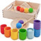 Ulanik Rainbow Large Balls in Cups Toddler Montessori Toys for 1 Year Old + Baby Preschool Matching Wooden Games for Learning Colour Sorting and Counting — 7 balls