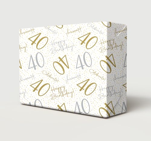 Geschenkpapier zum 40. Geburtstag, zum 40. Geburtstag, Feiern, Hooray, Weiß, Gold, Silber, Unisex, Geschenkpapier, Alter 40. Geburtstag, männlich, weiblich, 2 Bögen