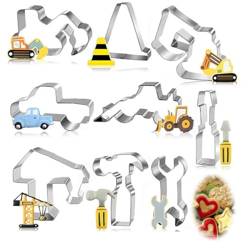 9 Stück Konstruktion Ausstecher, 3-9cm Bagger Ausstechform, Edelstahl Konstruktion Ausstechform Set, DIY Fondant Kinder Geburtstag Party Deko Keksausstecher Bulldozer Kipplaster Hammerschlüssel