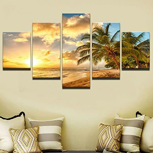 Tableau 5 Pièces Paysage Tropical Plage Palmiers 5 Panneaux Tableau Sur Toile Art Mural Décoration Murale Moderne Maison Salon Chambre Décoration, Sans Cadre 150 X 80 Cm