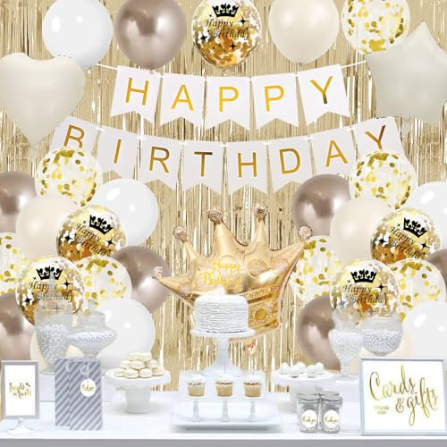 Geburtstag Party Dekorationen, Weiß und Gold Geburtstag Luftballons Happy Birthday Banner Beige Neutral Geburtstag Dekor Champagner Gold Vorhang Folienballon Kuchen Dekoration für Geburtstag Party