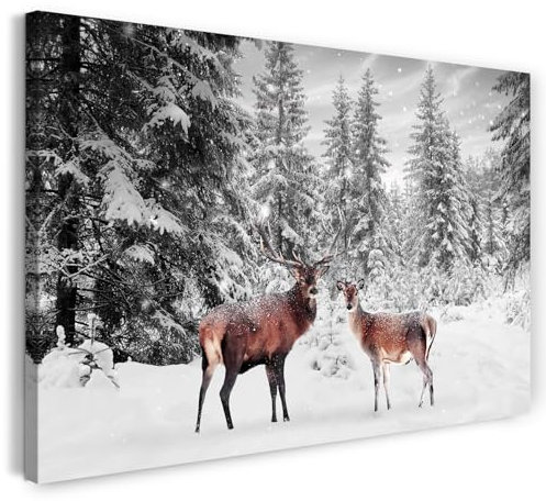 Printistico Leinwandbild (120x80cm) Rehe im Schnee, Tier Fotografie, Hirsch und Rehkuh im Tannenwald, echter Holz-Keilrahmen inkl. Aufhänger, handgefertigt in Deutschland