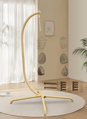 Hanging Egg Chair Stand Only, Hammock Chair C-Stand with Hanging Chain, Snap Hook, Pin Plug, Spring for Patio Macrame Hammock Swinging Chair 200KG Load Capacity (Wood Grain)