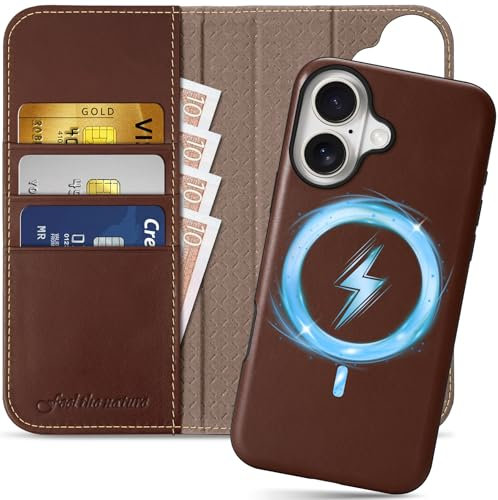 SHIELDON Hülle für iPhone 16 5G, Echtleder Schutzhülle [Abnehmbar] [Kabelloses Laden] [Ständer] [RFID Blocker] 2 IN 1 Hülle Klapphülle Kompatibel mit iPhone 16 6,1 2024- Retro Kaffee