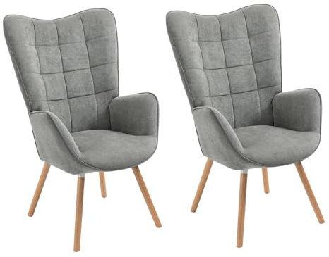 MEUBLE COSY Sessel 2er Relaxsessel Lehnstühle Polstersessel Einzelsofa mit Holzbein Ohrensessel für Wohnzimmer Schlafzimmer Büro Vanity, Stoff, Grau