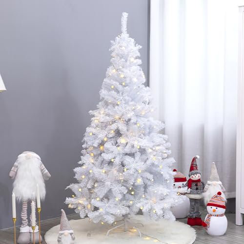 Albero di Natale bianco artificiale preilluminato da 1,5 m con corda regolabile a led da 5 metri e design floccato con neve, albero di Natale premium per le vacanze con supporto pieghevole per feste i
