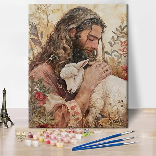 TISHIRON Jesus Malen nach Zahlen Erwachsene Jesus Umarmt die Schafe DIY Jesus Öl Leinwand Gemälde Set Santorini Malen Malerei Kit Wanddekoration Ölgemälde für Anfänger 40x50 cm