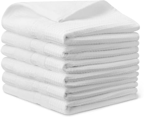 Amazon Basics Torchons de Cuisine en 100% Coton Bio Gaufré - Ultra Absorbants, Séchage Rapide, sans Peluches, 38 x 64 cm, Lot de 6, Blanc