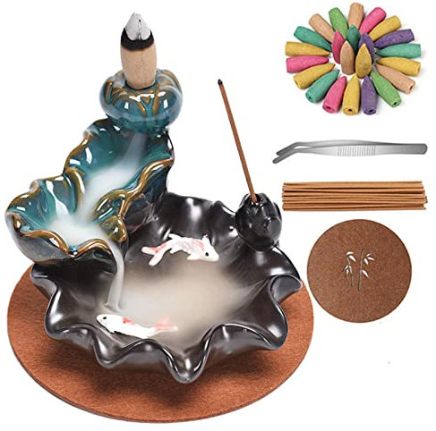 Brûleur d'encens à Retour de Cascade Waterfall Backflow Incense Burner Holder brûleur Porte-cône d'encens à Contre-Courant en céramique Chambre Zen, Cadeau de Yoga, décoration d'intérieur (Blue)