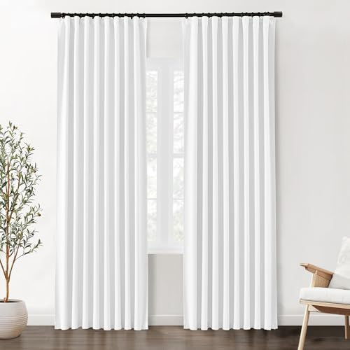 SHINELAND Weiße Vorhänge, 308 cm lang, 2 Paneele, verdunkelnd, plissiert, schalldicht, Geräuschunterdrückung, reduzierende Vorhänge für Wohnzimmer, Schienensystem, Haken mit Clips, 3 m Länge