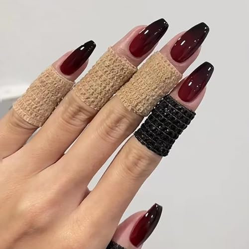 24pcs Short Coffin False Nails - Black & Red Ombre Stick on Ballerina Press Nails with Removable Glue - Full Coverage Fake Nail Set - Women's Nail Art Accessories