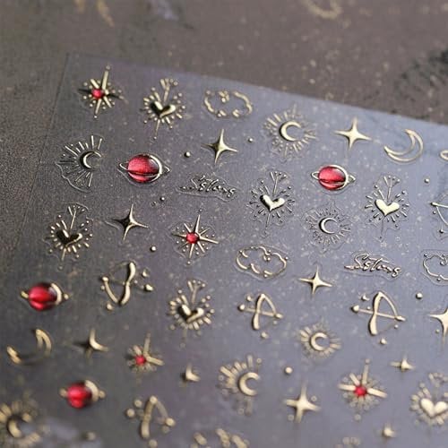 JMEOWIO 3D Embossed Moon Star Nail Art Stickers Decals Self-Adhesive 5D Nail Supplies Nail Art Design Decoration Accessories 1 Sheets