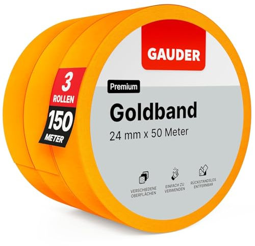 Goldband Klebeband,3 Rollen 24 mm x 50 m Abdeckband Maler,Painters Tape,Keine Rückstände, Leckagesicherung, Klebeband Maler Malerarbeiten,Kreppklebeband für Renovierung, Malerei, Heimwerken