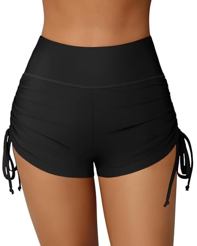 Charmo Women Plus Size Swim Shorts with Ruched Pockets Board Shorts High Waist Board Shorts Black 3XL