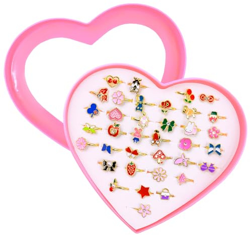 36 Pièces Bague Enfant Fille, Lovely Réglables Bague Couleur avec Boîte de Coeur Rose, Bijoux Couleur Princesse pour Les Fêtes Anniversaires Fêtes de Noël Halloween Festival Cadeau Fête
