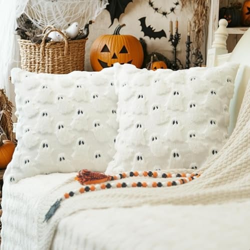Yamobi Halloween Kissenbezüge, süße Geist-Spuk Kissen, Set von 2, weiche Plush Faux Fell Deko Kissenbezüge für Couch, Sofa, Bett, Veranda, Halloween Deko,45x45cm, Weiß