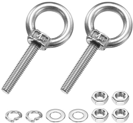 PATIKIL M4 x 20mm Eye Bolt, 2 Pcs 304 Stainless Steel Thread Lifting Ring Set Shoulder Eyebolt with Lock Nuts Flat Washers for Hanging Hammocks Articles, Silver