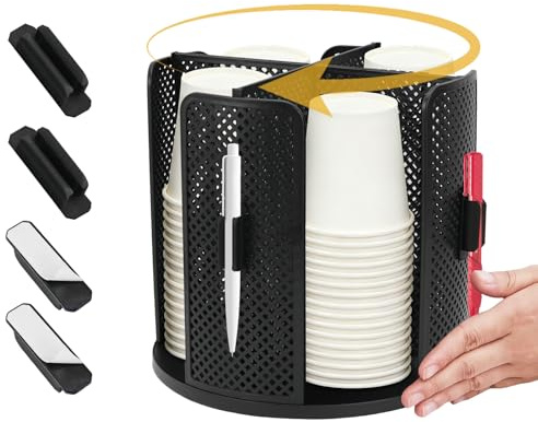 WRENYZK Rotatable Coffee Cup Holder, Paper Cup and Lid Holder Storage Organizer with 4 Compartments, Disposable Cup Dispenser with Marker Pen Holder for Countertop, Home, Office, Bar, Coffee Shop