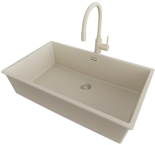 PRIMAGRAN Unterbauspüle ab 80er Unterschrank + Küchenarmatur, 76x47cm | Set: Küchenarmatur BW6020 + Ablauf-Set (Siphon, Ablaufgarnitur, Überlauf) + Spülbecken 1 Becken - London, Alles Beige