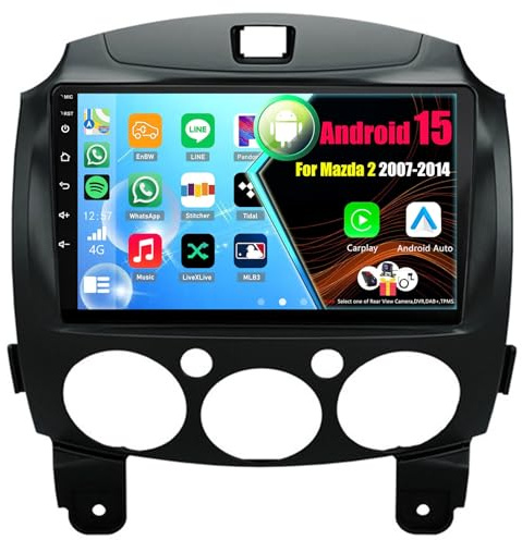 Android 15 Autoradio CarPlay Android Auto per Mazda 2 2007-2014, 9 Pollici Car Radio con GPS WiFi Bluetooth FM RDS(8Core(4+64GB))