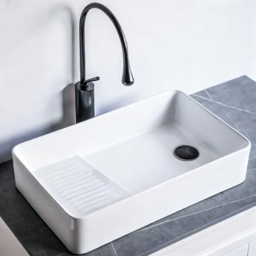 Lavatoio da Incasso per Lavanderia, Lavello Bagno in Ceramica con Asse, Lavabo Bagno Rettangolare con Rubinetto, Scolapiatti e Tubo di Scarico per WC, Balconi(White)
