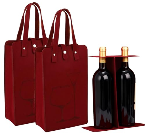 Wihozte Red Double Wine Bag, Thick Felt Wine Tote Bag with Handles, Reusable Wine Gift Bag for 2 Bottles (750ml), Anti-Collision Bottle Carrier for Christmas Wedding Picnic Travel (2PCS Red)