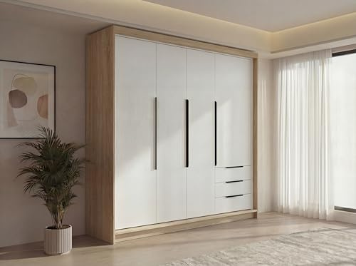 A&J MöbelLand KLARI Kleiderschrank 4-türig mit 3 Schubladen – 200 x 215 cm – Drehtürenschrank mit Kleiderstange und Einlegeböden