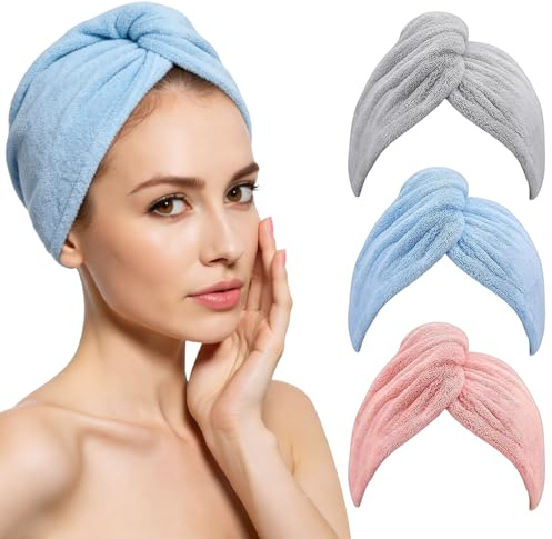 3 stycken mikrofiberhandduk hår, turbanhandduk med knapp | mjuk hårturban, anti-frizz, superabsorberande, snabbtorkande hårhandduk, huvudhandduk för långt, kort, lockigt hår