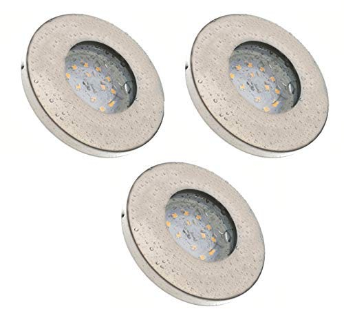 Trango 3er Set 6729IP-032BAK IP44 Einbaustrahler Edelstahl gebürstet inkl. 3x 3 Watt GU10 LED Leuchtmittel 3000K warmweiß & GU10 Fassung, Außen Einbauleuchte, Badleuchte, Deckenleuchte, Deckenstrahler