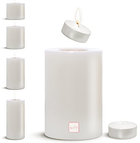 Sin! Teelichthalter Trend warmweiß - ∅ 8cm, Höhe 15cm, Die Kerze die Nicht schmilzt! - Dauerkerze in Kerzenform, Kerzenoptik aus Kunststoff mit Teelichteinsatz, inkl. Teelicht