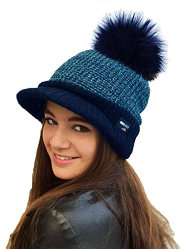 RockJock Damen warme Fleece gefüttert gestrickte Schirmmütze Baseballmütze mit abnehmbarem Kunstpelz pom mit oder ohne POM- tragen