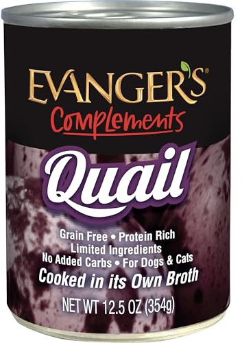 Evanger's Complements Grain Free Quail for Dogs, Cats & Ferrets – 12 Count, 12.5 oz Each – Single Protein, Grain & Gluten Free, Limited Ingredients, Nutrient-Rich Broth