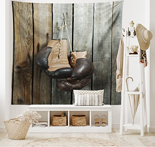 ABAKUHAUS Weinlese Wandteppich und Tagesdecke, Vintage Boxing Gloves, aus Weiches Mikrofaser Stoff Wand Dekoration Für Schlafzimmer, 230 x 140 cm, Dunkelbraun Beige