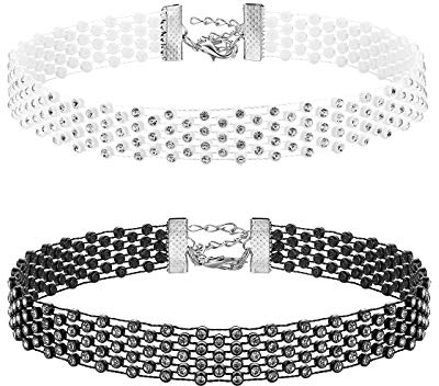 Flongo Damen Choker Halsband Strass glitzer Halsketten 2 Stück Set weiß schwarz Holzkohlenbohrer Tattoo Kette Kropfbänder Schmuck glitzer verstellbar Geschenk Kinder Mädchen Frauen