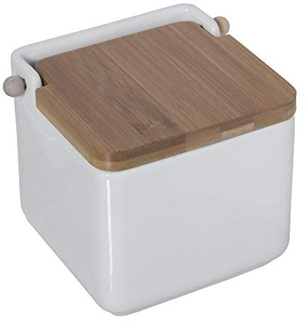 DRW Salero Original cerámica Cuadrado con Tapa madera12x12x12 cm (Blanco)