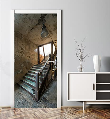 MyMaxxi - Tür bekleben mit Türtapete Türposter Türfolie Selbstklebend 90x200 Alte Treppe - Tür verschönern mit Türfolie ? Türaufkleber Türklebefolie alt Patina Shabby Holz