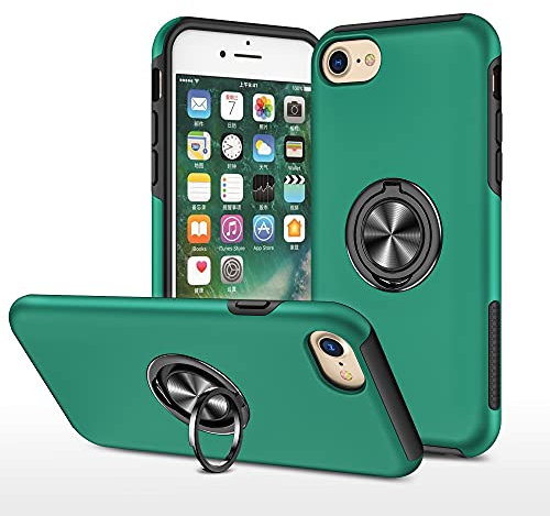 EYZUTAK Case for iPhone SE(5G) 2022 iPhone 7 iPhone 8 iPhone SE 2020, 360 Degree Rotation Magnetic Metal Finger Ring Holder Magnet Car Holder Inner Silicone Glossy Anti-drop Hard Cover-Dark Green