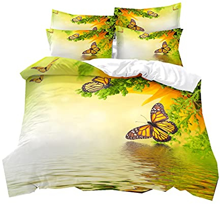 Romantisches Mädchen Frau Bettwäsche Set Schmetterling Blumen 3D Pink Blau Gelb Lila Schwarz Weiß Streifen Rose Orchidee Lavendel Muster Polyeste Bettbezug Kissenbezüge (Gelb, 135 x 200 cm)